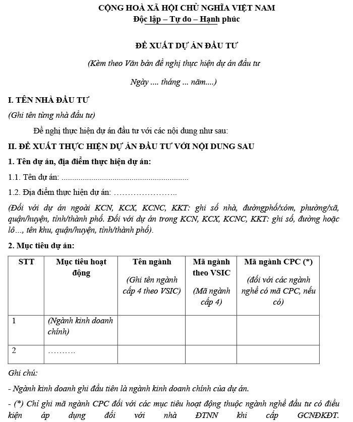 Mẫu văn bản i.2 đề xuất dự án đầu tư Mẫu văn bản i.2 đề xuất dự án đầu tư