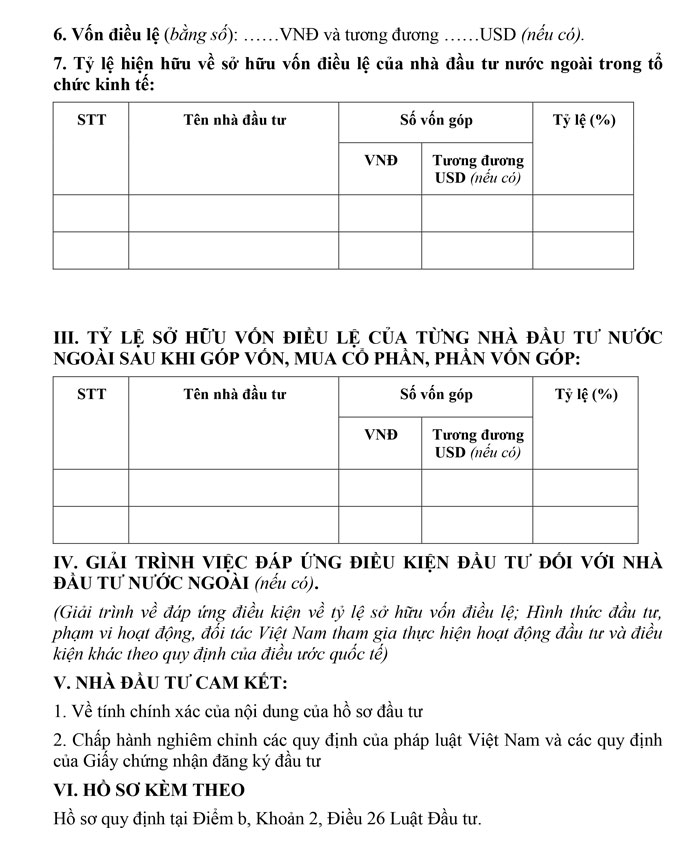 Mẫu I.4 Văn bản đăng ký góp vốn/mua cổ phần/phần vốn góp của nhà đầu tư nước ngoài Mẫu I.4 Văn bản đăng ký góp vốn/mua cổ phần/phần vốn góp của nhà đầu tư nước ngoài