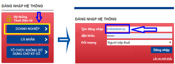 Đăng nhập bằng MST Doanh nghiệp và thêm chữ -QL nhé Đăng nhập bằng MST Doanh nghiệp và thêm chữ -QL nhé