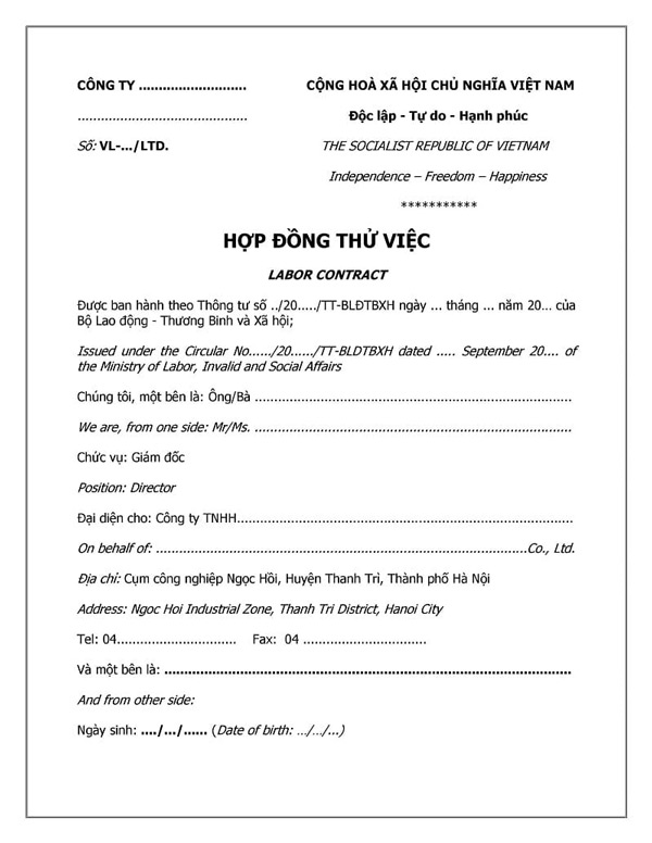 Hợp đồng lao động thử việc Hợp đồng lao động thử việc