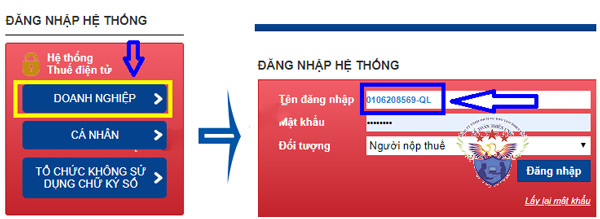 Đăng nhập bằng MST Doanh nghiệp và thêm chữ -QL nhé Đăng nhập bằng MST Doanh nghiệp và thêm chữ -QL nhé