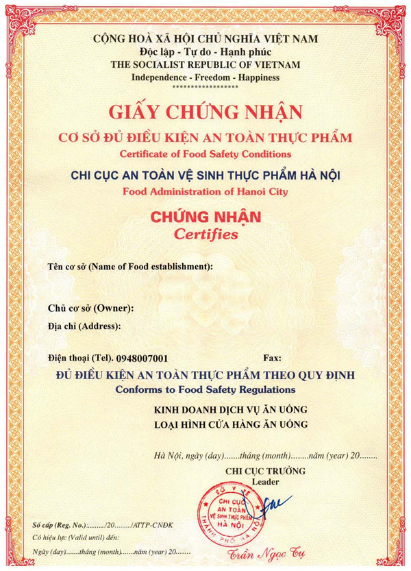Giấy chứng nhận cơ sở đủ điều kiện vệ sinh an toàn thực phẩm Giấy chứng nhận cơ sở đủ điều kiện vệ sinh an toàn thực phẩm