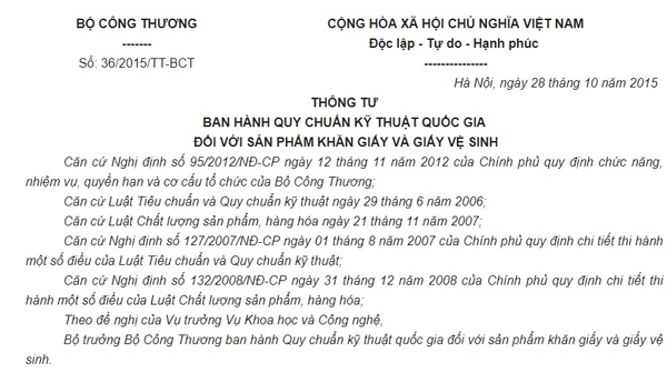 Tham khảo Thông tư 36/2015/TT-BCT khi đăng ký lưu hành khăn giấy Tham khảo Thông tư 36/2015/TT-BCT khi đăng ký lưu hành khăn giấy