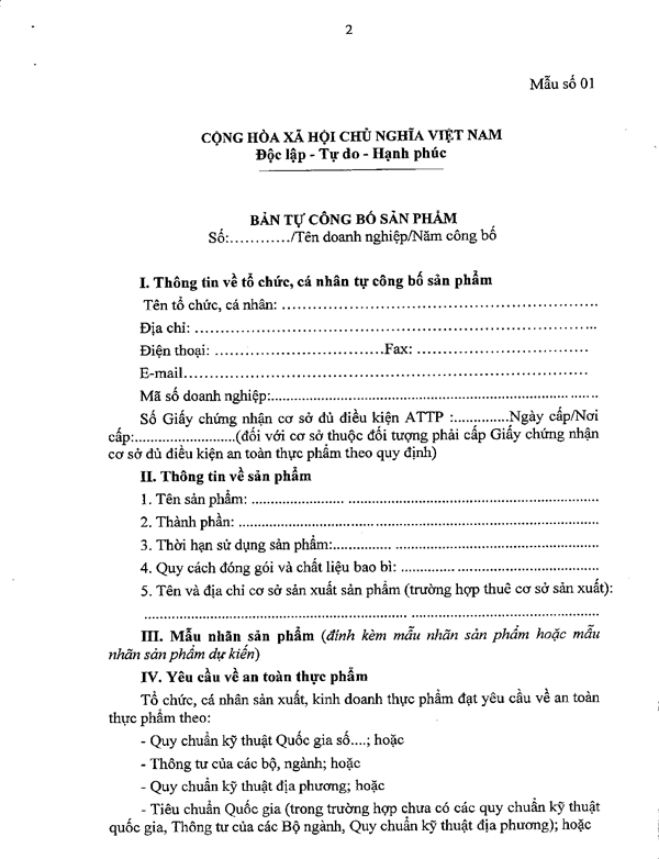 Bản tự công bố sản phẩm theo Mẫu số 01 Bản tự công bố sản phẩm theo Mẫu số 01
