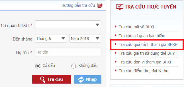 Click vào Tra cứu quá trình tham gia BHXH Click vào Tra cứu quá trình tham gia BHXH