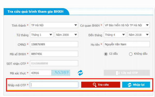 Nhập mã OTP và click Tra cứu Nhập mã OTP và click Tra cứu