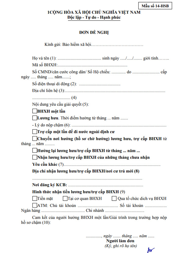 Đơn đề nghị hưởng BHXH một lần - Mẫu số 14-HSB Đơn đề nghị hưởng BHXH một lần - Mẫu số 14-HSB