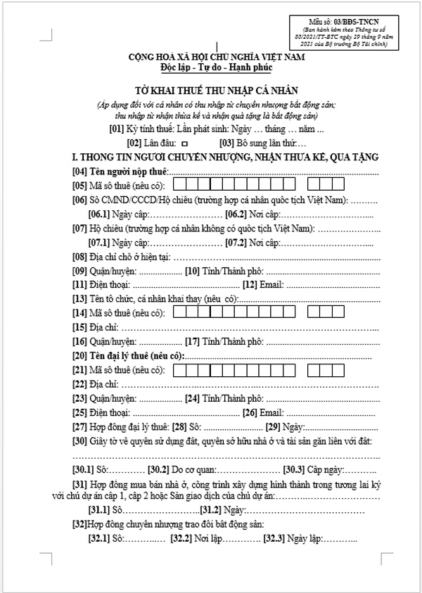Tờ khai thuế thu nhập cá nhân - Mẫu 03/BĐS-TNCN Tờ khai thuế thu nhập cá nhân - Mẫu 03/BĐS-TNCN