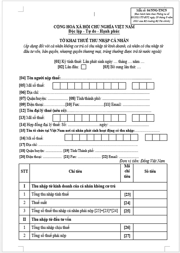 Tờ khai thuế thu nhập cá nhân - Mẫu 04/NNG-TNCN Tờ khai thuế thu nhập cá nhân - Mẫu 04/NNG-TNCN