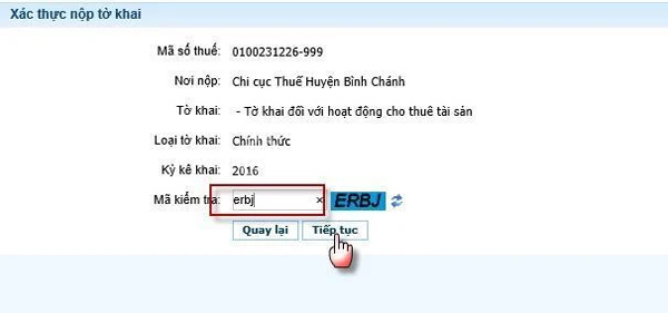 Xác thực nộp tờ khai Xác thực nộp tờ khai