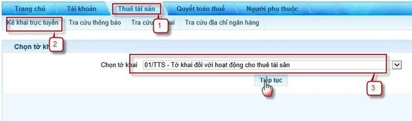 Chọn tờ khai 01/TTS - Tờ khai đối với hoạt động cho thuê tài sản Chọn tờ khai 01/TTS - Tờ khai đối với hoạt động cho thuê tài sản