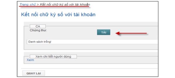 Màn hình kết nối chữ ký số với tài khoản Màn hình kết nối chữ ký số với tài khoản