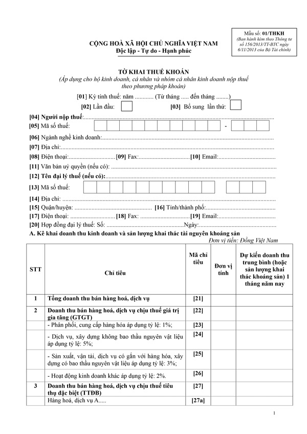 Mẫu tờ khai thuế khoán - Mẫu số 01/THKH Mẫu tờ khai thuế khoán - Mẫu số 01/THKH