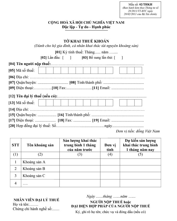 Mẫu tờ khai thuế khoán - Mẫu số 02/THKH Mẫu tờ khai thuế khoán - Mẫu số 02/THKH
