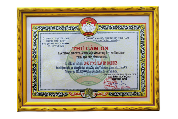 Thư cảm ơn từ Ủy Ban MTTQVN xã Tịnh Biên